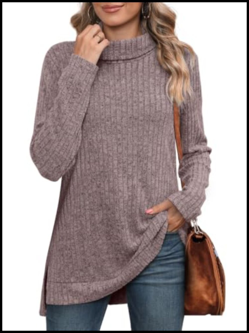 Women's Tunic Top Turtleneck Long Sleeve Oversized Side Split High Low Sweater